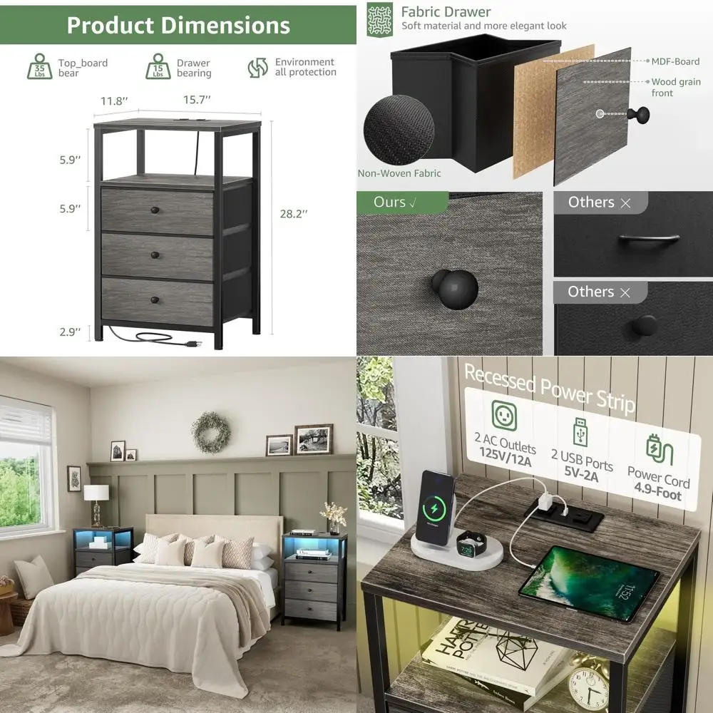 Modern Charging Nightstand with 3 Fabric Drawers, LED Light, USB Ports & Outlets
Modern Charging Nightstand with 3 Fabric Drawers, LED Light, USB Ports & Outlets