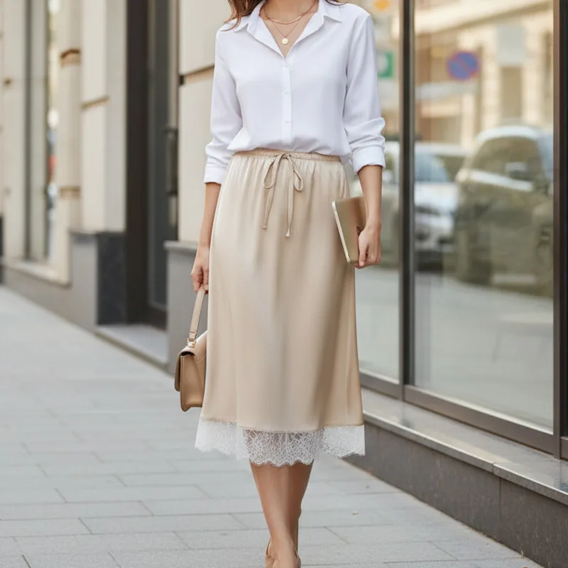 Chic Women's Satin Midi Skirt Tie Waist Lace Hem High Waist Slip Skirt Elegant Solid Color Long Skirt Spring Summer Casual Wear
Chic Women's Satin Midi Skirt Tie Waist Lace Hem High Waist Slip Skirt Elegant Solid Color Long Skirt Spring Summer Casual Wear