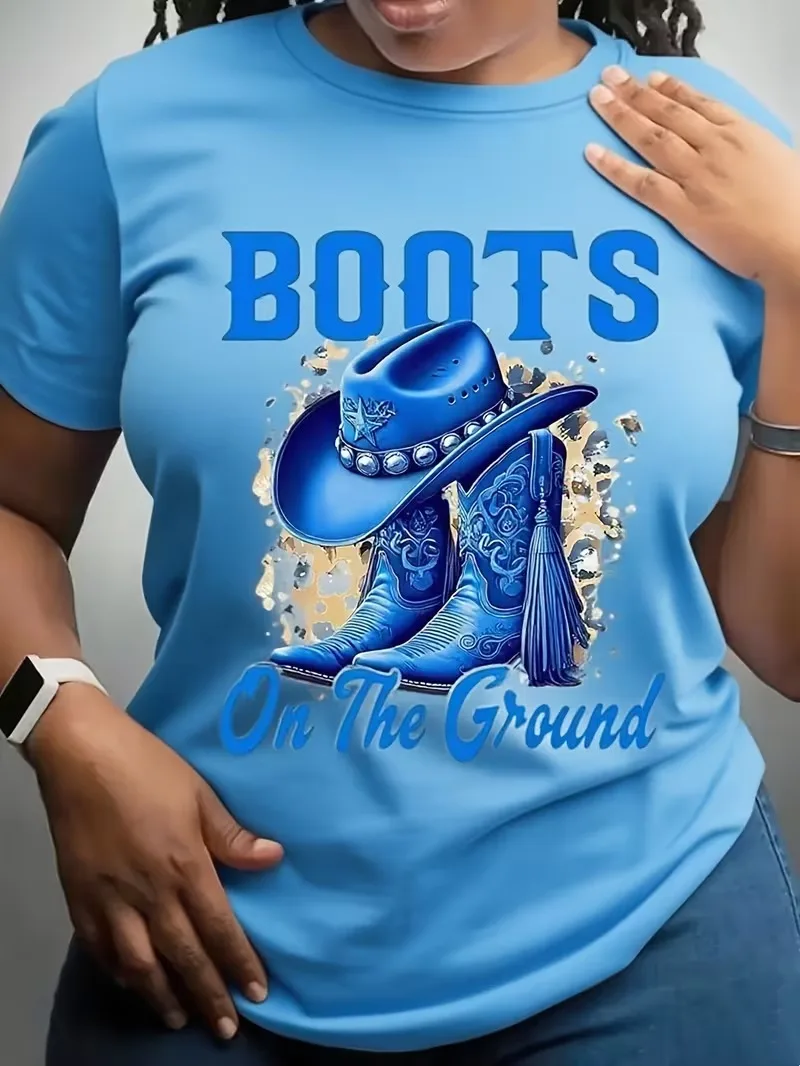 Western cowboy hat and boot pattern women's T-shirt fashionable casual short sleeved daily street round neck oversized women top
Western cowboy hat and boot pattern women's T-shirt fashionable casual short sleeved daily street round neck oversized women top