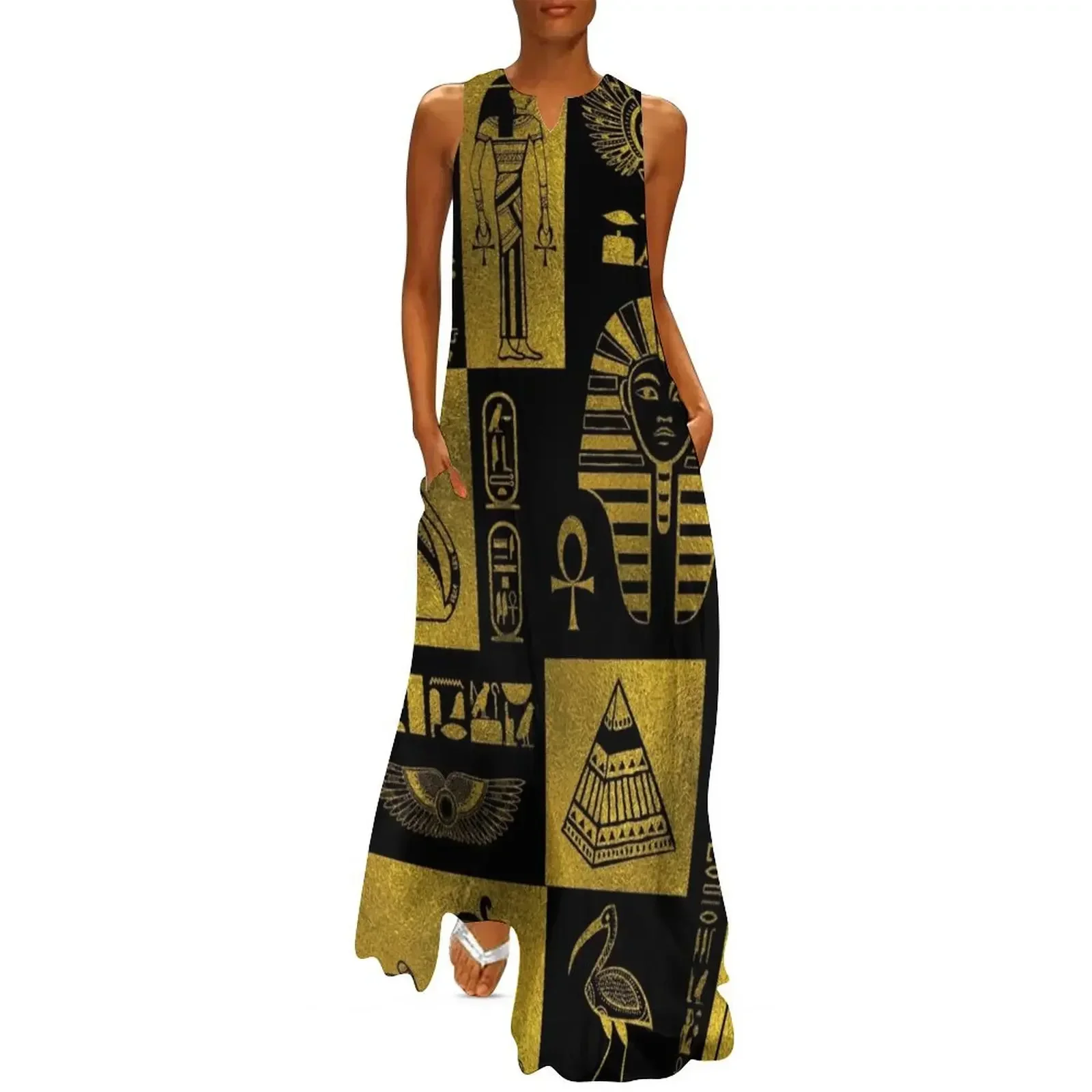 EgyptianGold hieroglyphs and symbols collage Long Dress evening dress ladies Dress 
EgyptianGold hieroglyphs and symbols collage Long Dress evening dress ladies Dress