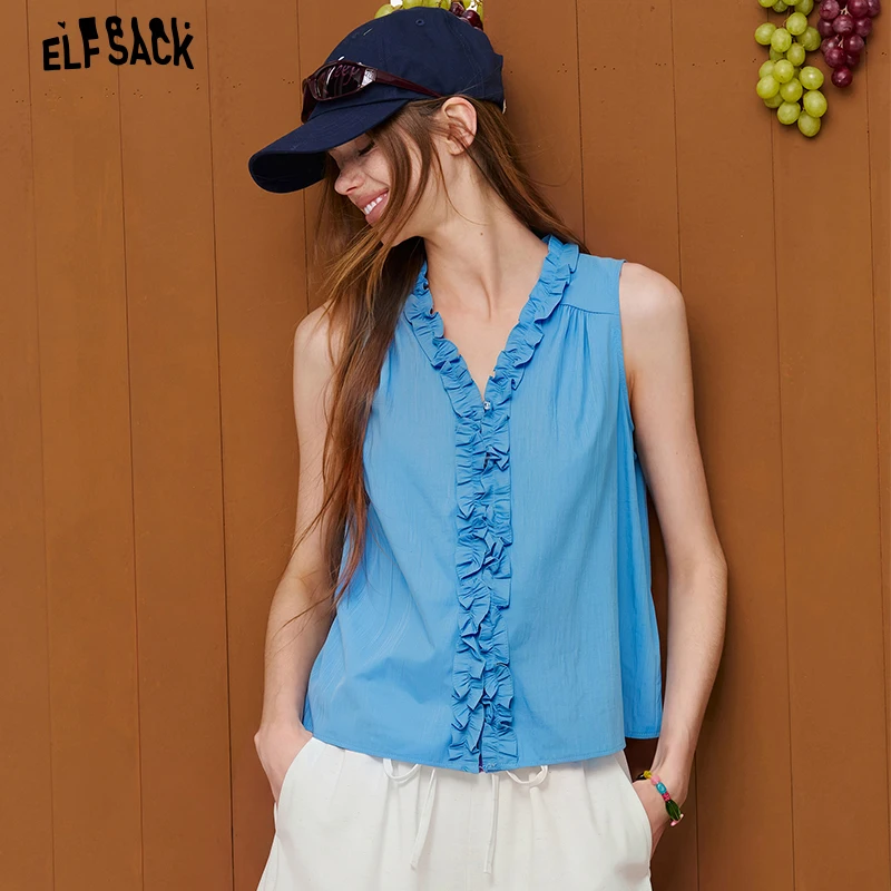 ELFSACK Ruffled V-Neck Sleeveless Blouse, Solid Color Frill Trim Top, Elegant Blue Casual Shirt for Women
ELFSACK Ruffled V-Neck Sleeveless Blouse, Solid Color Frill Trim Top, Elegant Blue Casual Shirt for Women