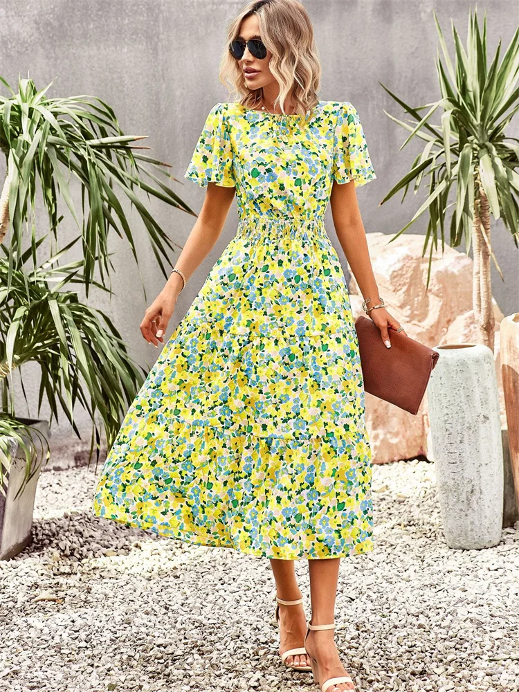 Flower Print Long Dress For Women 2023 Summer Short Sleeve O-Neck High Waist Midi Dress Lady Elegant Fashion Casual Party Dress
Flower Print Long Dress For Women 2023 Summer Short Sleeve O-Neck High Waist Midi Dress Lady Elegant Fashion Casual Party Dress