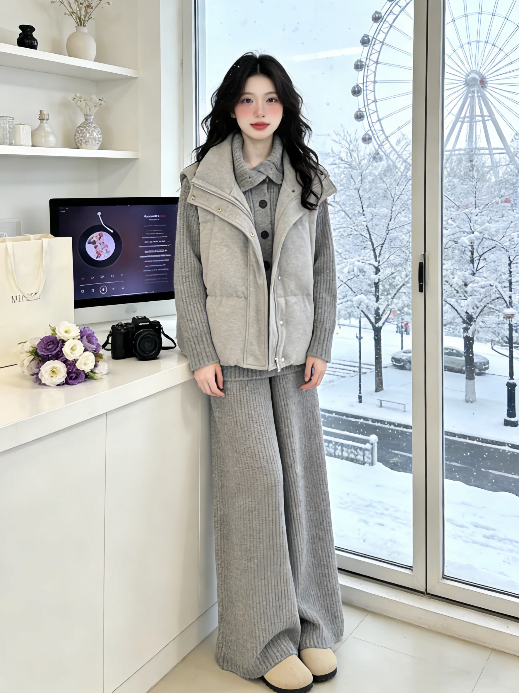 Ladies' Lazy Style Cotton Vest Set Three Pieces Korean System Winter Clothes Matching Sweater Wide Leg Pants Casual Outfit
Ladies' Lazy Style Cotton Vest Set Three Pieces Korean System Winter Clothes Matching Sweater Wide Leg Pants Casual Outfit