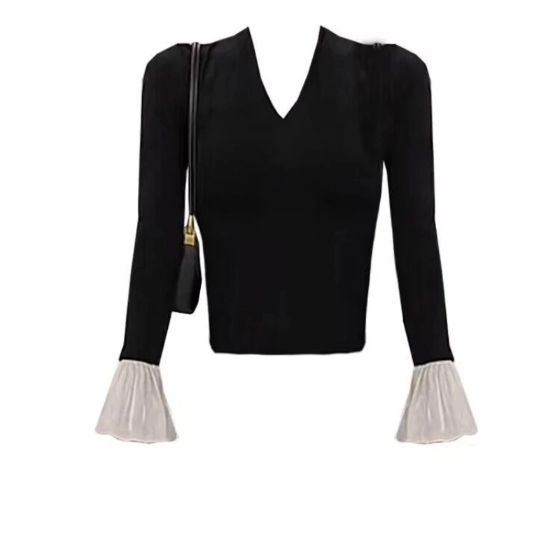 Тонкие универсальные элегантные топы с v-образным вырезом в стиле пэчворк, весенне-осенние новые контрастные сексуальные футболки с длинными рукавами, модная корейская женская одежда 
Тонкие универсальные элегантные топы с v-образным вырезом в стиле пэчворк, весенне-осенние новые контрастные сексуальные футболки с длинными рукавами, модная корейская женская одежда