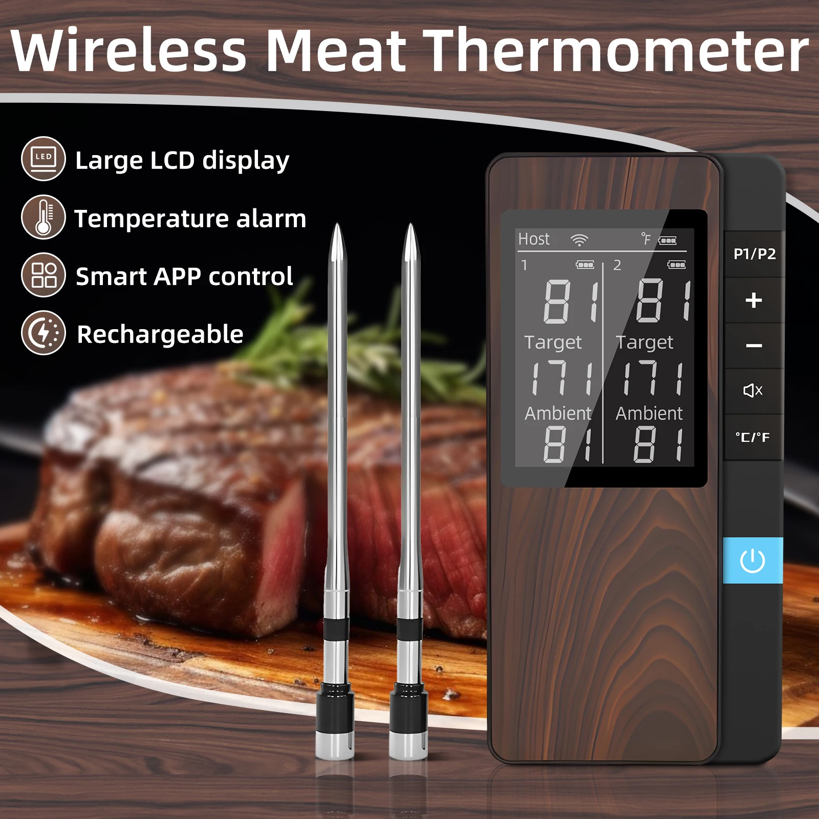 Wireless Meat Thermometer Digital Bluetooth Dual Probe Rechargeable with LCD Screen Support Mobile APP for BBQ Oven Grill
Wireless Meat Thermometer Digital Bluetooth Dual Probe Rechargeable with LCD Screen Support Mobile APP for BBQ Oven Grill