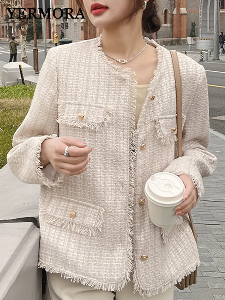 YERMORA Beige Tassel Hem Elegant Jacket For Women O-neck Long Sleeve Loose New Coat Fashion Tide Spring Autumn 2025 A62
YERMORA Beige Tassel Hem Elegant Jacket For Women O-neck Long Sleeve Loose New Coat Fashion Tide Spring Autumn 2025 A62