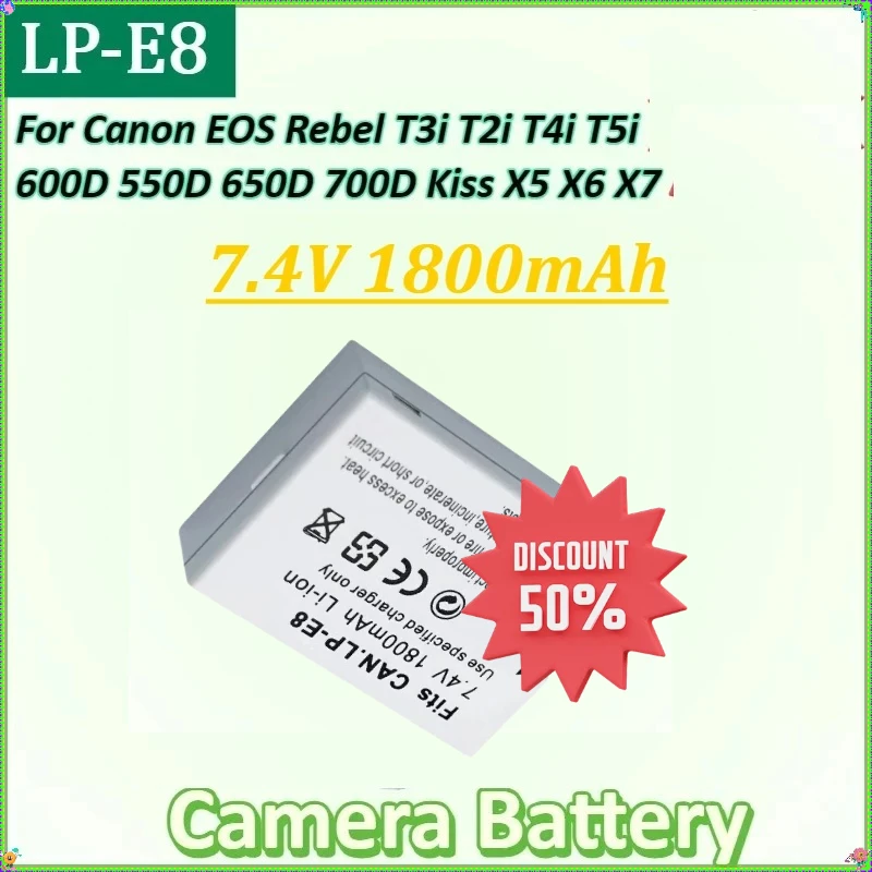 7.4V 1800mAh for Canon EOS Rebel T3i T2i T4i T5i 600D 550D 650D 700D Kiss X5 X6 X7 New LP-E8 Lithium Rechargeable Camera Battery
7.4V 1800mAh for Canon EOS Rebel T3i T2i T4i T5i 600D 550D 650D 700D Kiss X5 X6 X7 New LP-E8 Lithium Rechargeable Camera Battery