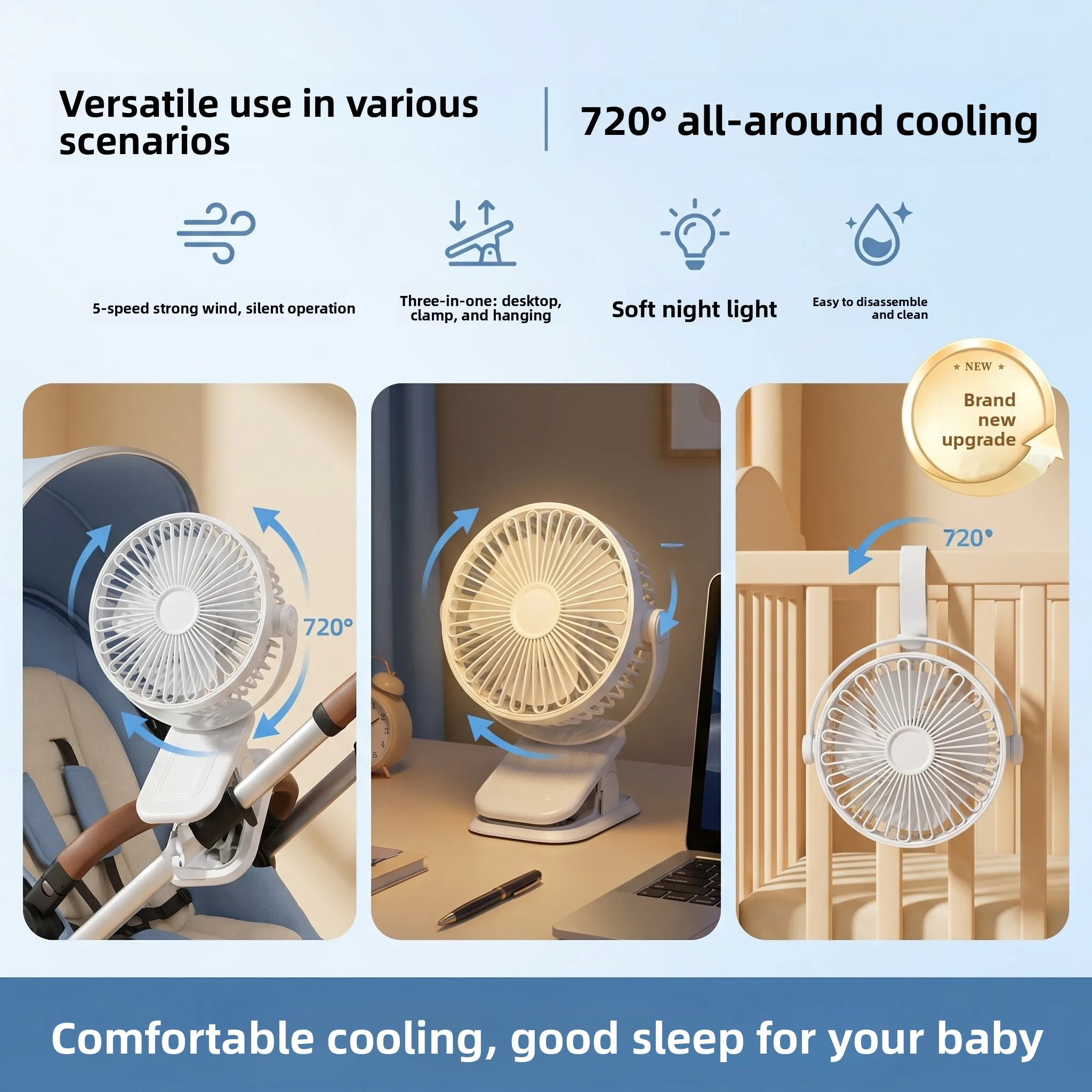 Portable Clip-On Fan Silent for Baby Stroller Office Desk Student Class Dormitory Bed 2026 New Model Rechargeable Table Fan
Portable Clip-On Fan Silent for Baby Stroller Office Desk Student Class Dormitory Bed 2026 New Model Rechargeable Table Fan