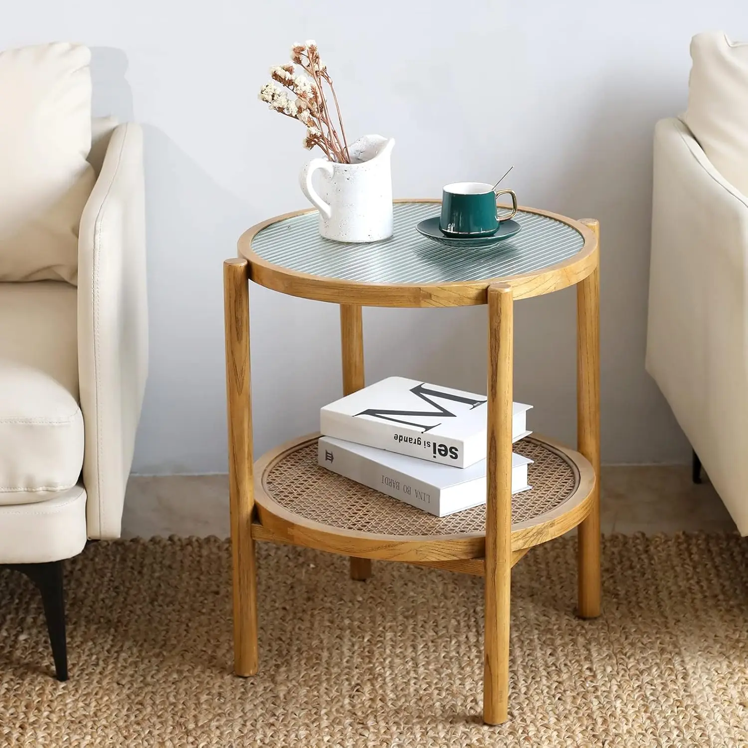 Glass Rattan Round Side End Table, 2 Tier Bedside Table Nightstand for Home Living Room Bedroom Balcony and Office
Glass Rattan Round Side End Table, 2 Tier Bedside Table Nightstand for Home Living Room Bedroom Balcony and Office