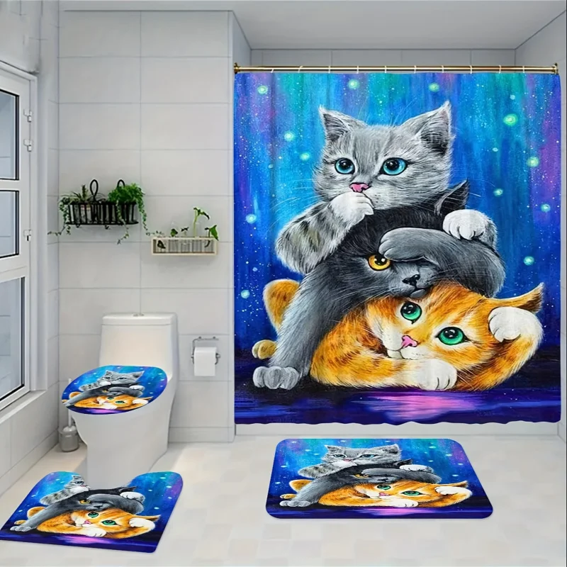4pcs Cat Print Shower Curtain Set, Bathroom Rug, U-Shape Mat, Toilet Lid Pad, Waterproof Curtain With 12 Hooks, 70.8*70.8in/
4pcs Cat Print Shower Curtain Set, Bathroom Rug, U-Shape Mat, Toilet Lid Pad, Waterproof Curtain With 12 Hooks, 70.8*70.8in/