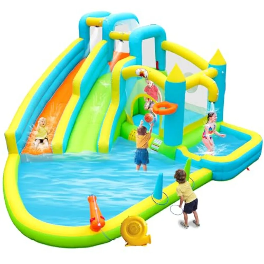 Inflatable Water Double Slides with Blower Jumping Castle for 5 Aged 3-10 Blue Deep Pool Water Cannon and Basketball Game Featu
Inflatable Water Double Slides with Blower Jumping Castle for 5 Aged 3-10 Blue Deep Pool Water Cannon and Basketball Game Featu