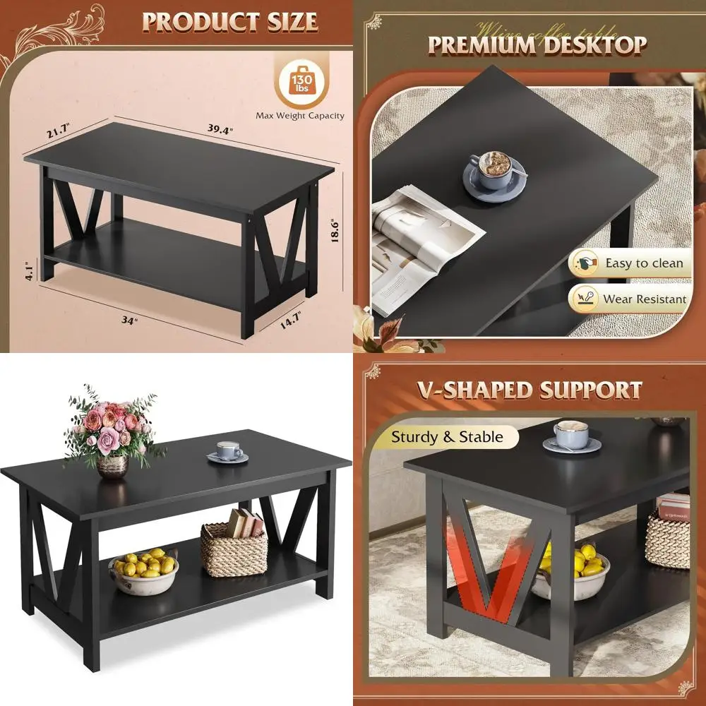 Rustic 2-Tier Storage Coffee Table with V-Support, 39.4 Wide, Suitable for Living Room, Bedroom, and Balcony, Black
Rustic 2-Tier Storage Coffee Table with V-Support, 39.4 Wide, Suitable for Living Room, Bedroom, and Balcony, Black