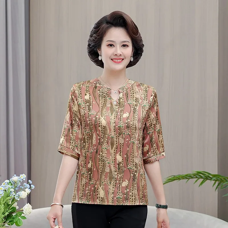 Middle-aged mother imitation silk Printed Blouse Summer Women Casual V-Neck Tops Shirt Ladies Elegant Loose Blouse V249
Middle-aged mother imitation silk Printed Blouse Summer Women Casual V-Neck Tops Shirt Ladies Elegant Loose Blouse V249