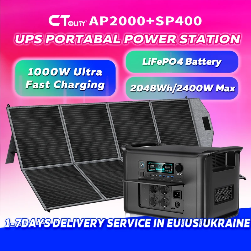 CTOLITY AP2000 Солнечный генератор 2048 Втч и солнечная панель 400 Вт LFP Батарея 2400 Вт Портативная электростанция 220 В Кемпинг RV Накопичение энергии
CTOLITY AP2000 Солнечный генератор 2048 Втч и солнечная панель 400 Вт LFP Батарея 2400 Вт Портативная электростанция 220 В Кемпинг RV Накопичение энергии