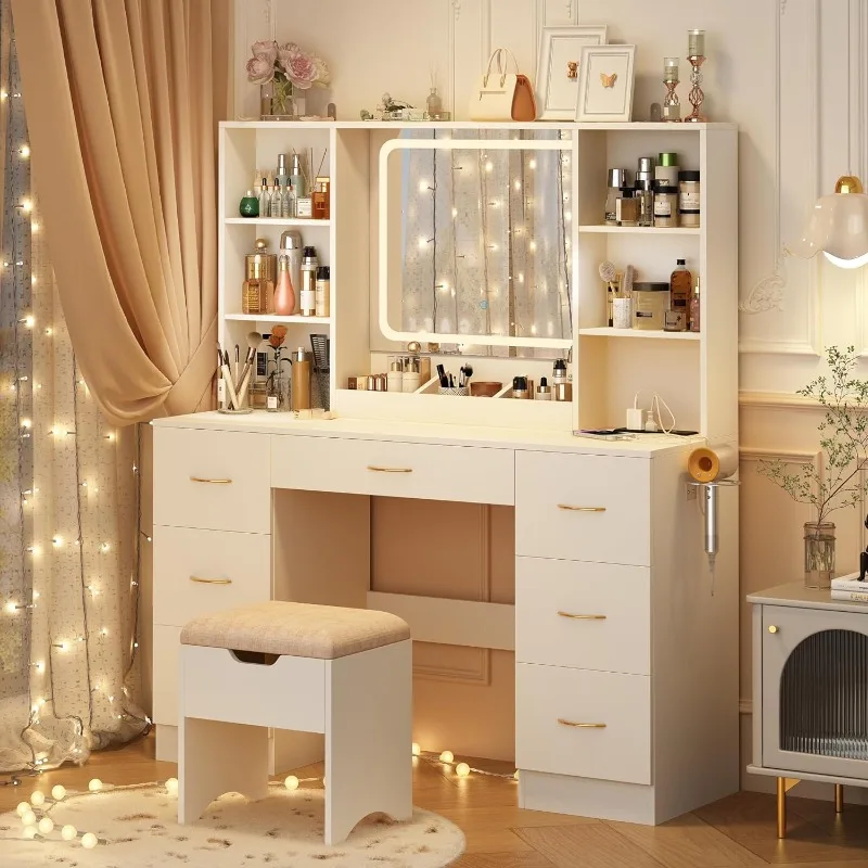 47" Large Vanity Desk with Mirror and Lights, LED White Vanity Set with Stool and Power Outlet, Lighted Make up Vanity Desk
47" Large Vanity Desk with Mirror and Lights, LED White Vanity Set with Stool and Power Outlet, Lighted Make up Vanity Desk