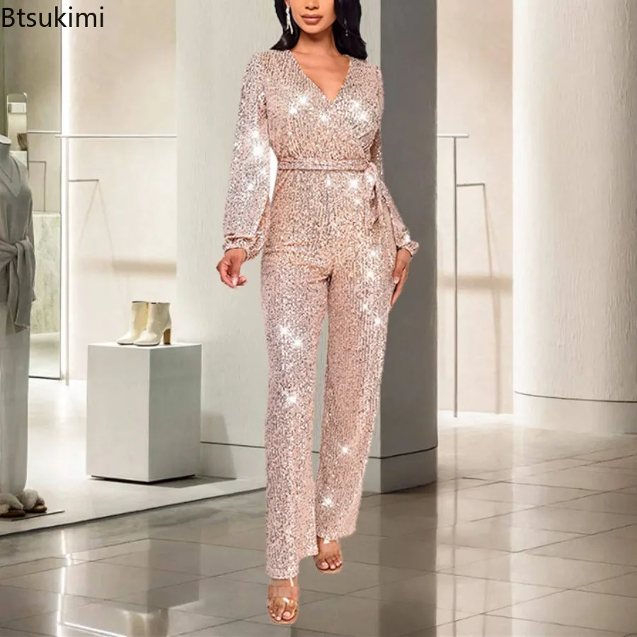 2025 Elegant Birthday Outfits Women's Solid Sequins V-Neck Belt Long Sleeves Jumpsuits Loose High-waist Female Jumpsuit Overalls
2025 Elegant Birthday Outfits Women's Solid Sequins V-Neck Belt Long Sleeves Jumpsuits Loose High-waist Female Jumpsuit Overalls