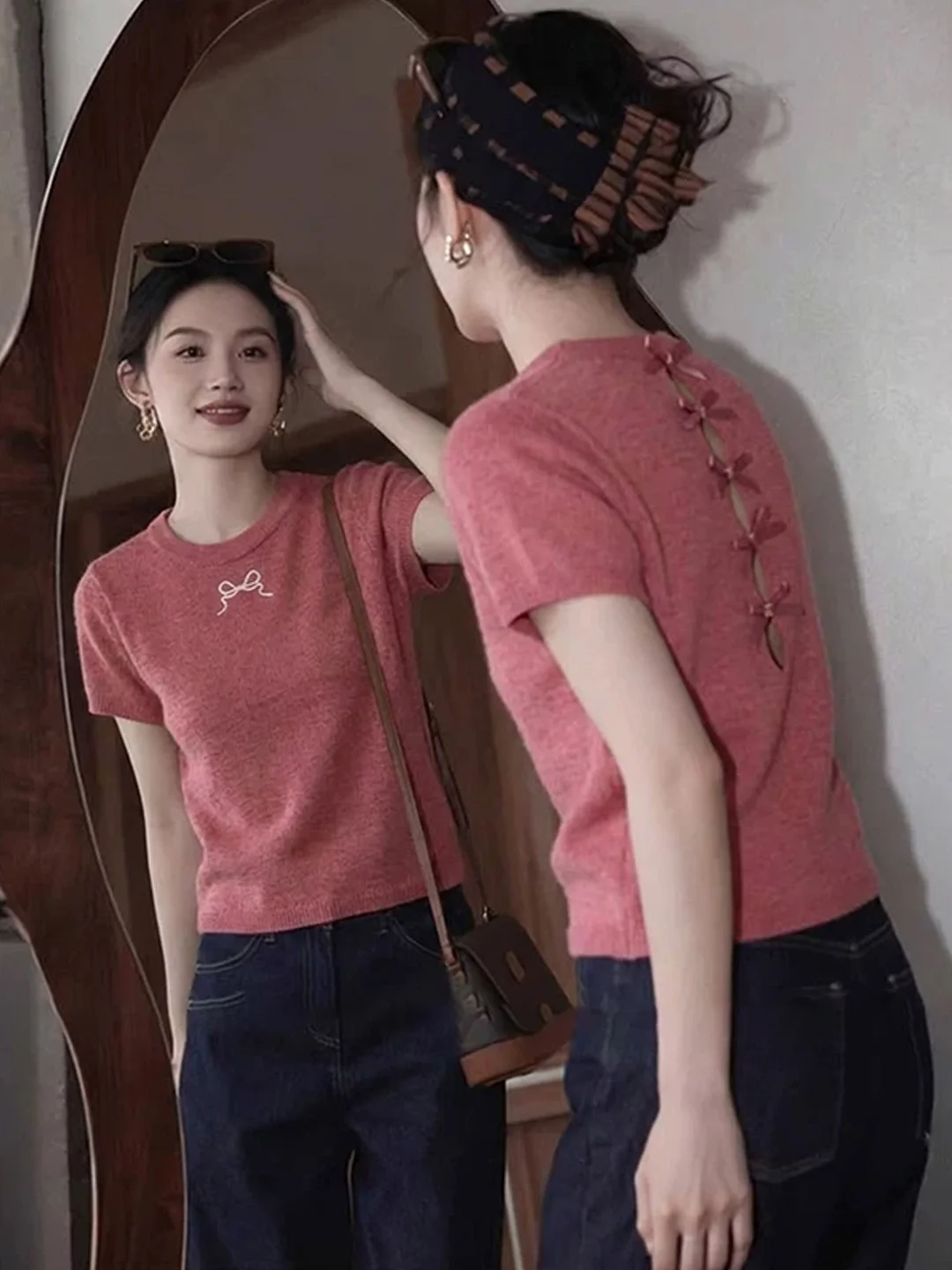 Korean Style round Neck Short Sleeve Knitted Top Women's Knot Back Hollow out Summer New Small Size Female Top
Korean Style round Neck Short Sleeve Knitted Top Women's Knot Back Hollow out Summer New Small Size Female Top
