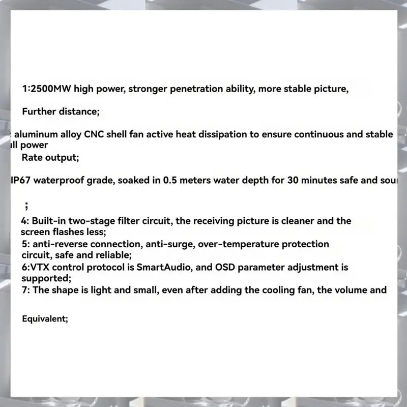 Hot Selling-5.8G 2.5W VTX 2500Mw 40CH IP67 Waterproof FPV Audio Videotransmitter NTSC/PAL Support OSD For FPV Long Range RC Dron
Hot Selling-5.8G 2.5W VTX 2500Mw 40CH IP67 Waterproof FPV Audio Videotransmitter NTSC/PAL Support OSD For FPV Long Range RC Dron