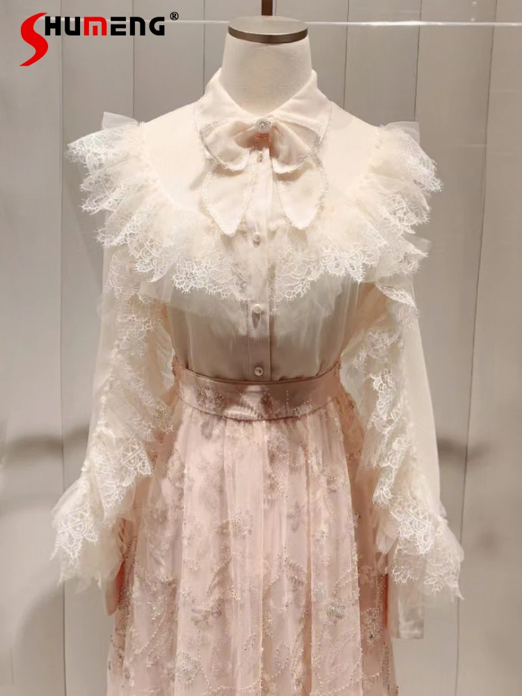 French Lace Bow Shirt for Women 2023 Early Autumn New Ladies Sequin Embroidery Long Sleeve Pearl Buckle Beoge Top and Pink Skirt
French Lace Bow Shirt for Women 2023 Early Autumn New Ladies Sequin Embroidery Long Sleeve Pearl Buckle Beoge Top and Pink Skirt