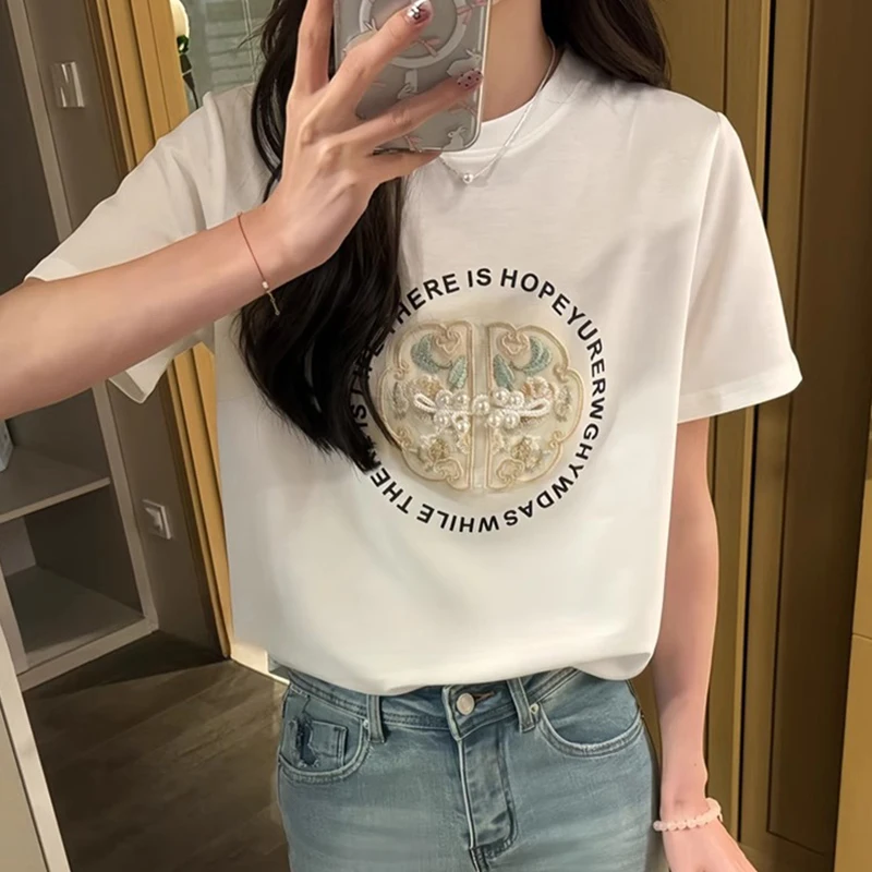 Lady Casual Loose O-neck Cotton Short Sleeve Tops Summer Chic Embroidery Chinese Style T-Shirt
Lady Casual Loose O-neck Cotton Short Sleeve Tops Summer Chic Embroidery Chinese Style T-Shirt