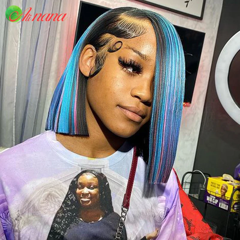 Highlights Blue/Pink/Rose Colored Short Bob Wig With Baby Hair Straight 13x4 Lace Frontal Wigs Remy Human Hair Wigs For Women
Highlights Blue/Pink/Rose Colored Short Bob Wig With Baby Hair Straight 13x4 Lace Frontal Wigs Remy Human Hair Wigs For Women