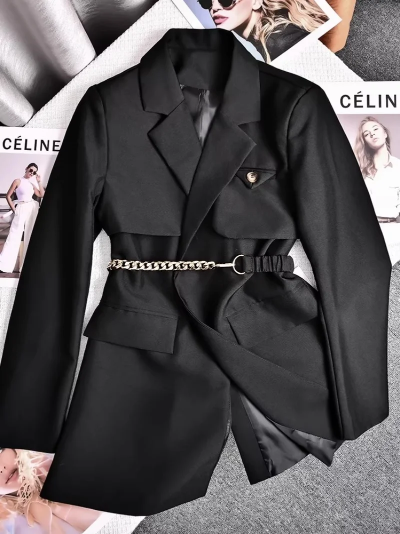 Trendy Black Blazer with Metal Belt - Women's Spring Autumn Windbreaker, Chic Short Jacket for Office & Daily Wear w2138
Trendy Black Blazer with Metal Belt - Women's Spring Autumn Windbreaker, Chic Short Jacket for Office & Daily Wear w2138