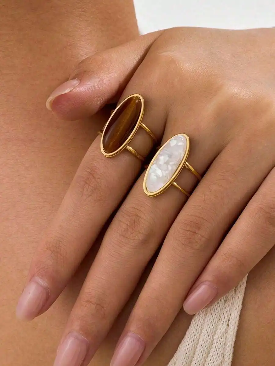 2pcs Stainless Steel Gold-Tone Open Ring Set With White And Tiger Eye Stone Gems, Suitable For Women Jewelry Or Gifting
2pcs Stainless Steel Gold-Tone Open Ring Set With White And Tiger Eye Stone Gems, Suitable For Women Jewelry Or Gifting