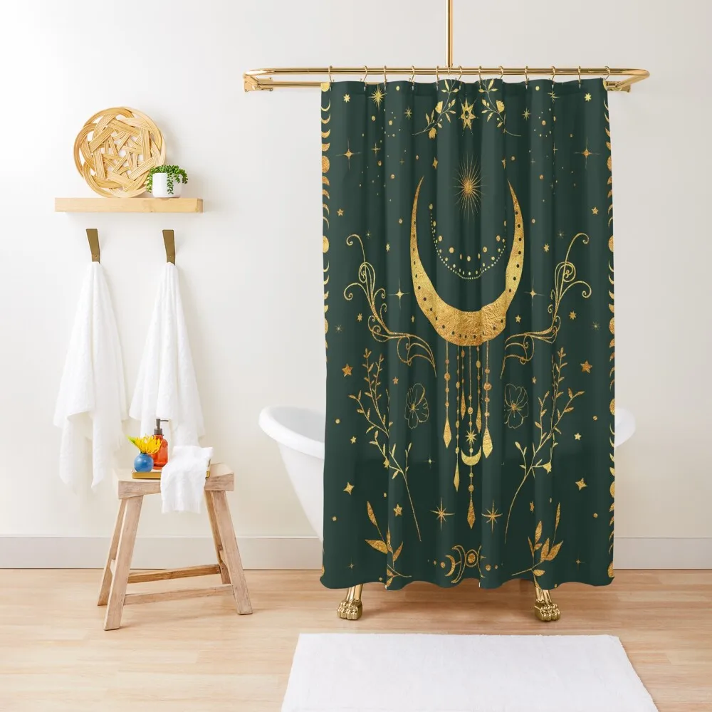 Sage green and gold Celestial crescent moon with floral accents and moon phase tie dye Shower Curtain
Sage green and gold Celestial crescent moon with floral accents and moon phase tie dye Shower Curtain
