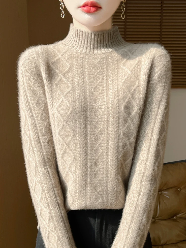 Women Pullover 100% Merino Wool Knitted Sweater Autumn Winter Cable Stitch Warm Soft Comfortable Turtleneck Clothing Tops
Women Pullover 100% Merino Wool Knitted Sweater Autumn Winter Cable Stitch Warm Soft Comfortable Turtleneck Clothing Tops