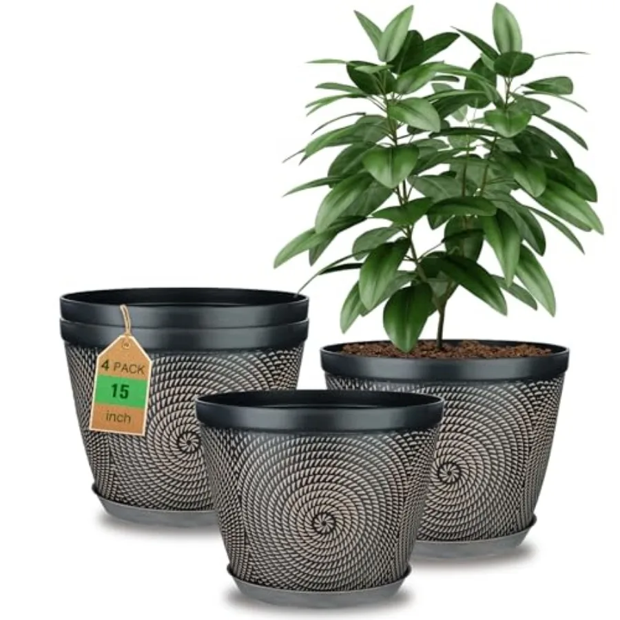 15 Inch 4 Pack Large Plant Pots, Plastic Flower Pot for Indoor and Outdoor with Drainage Holes and Saucer, Circle Pattern Plant
15 Inch 4 Pack Large Plant Pots, Plastic Flower Pot for Indoor and Outdoor with Drainage Holes and Saucer, Circle Pattern Plant