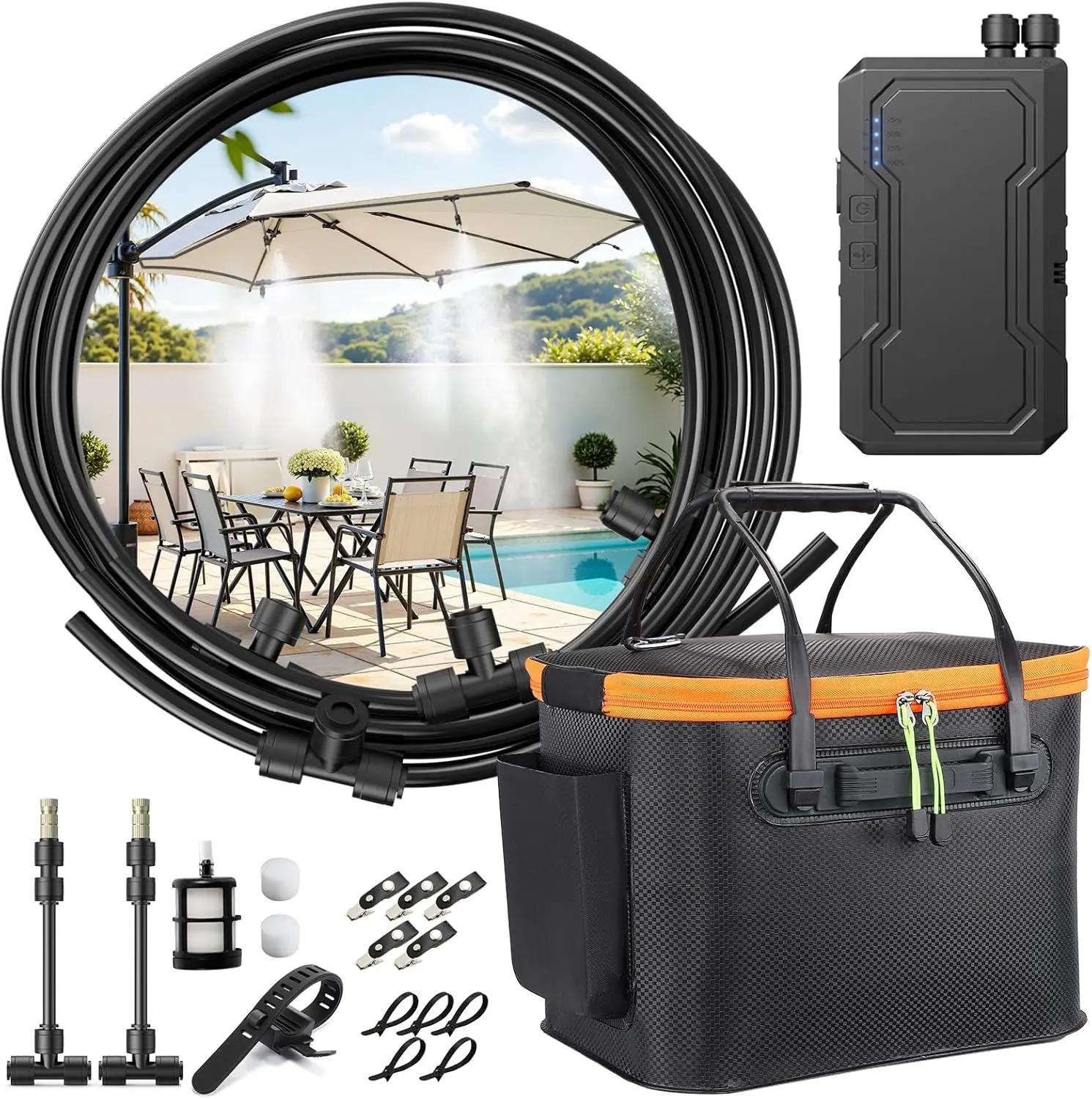 Portable Misting System with 6000mAh Pump, 20L Bucket, 26FT Hose & Clips for Outdoor Cooling
Portable Misting System with 6000mAh Pump, 20L Bucket, 26FT Hose & Clips for Outdoor Cooling