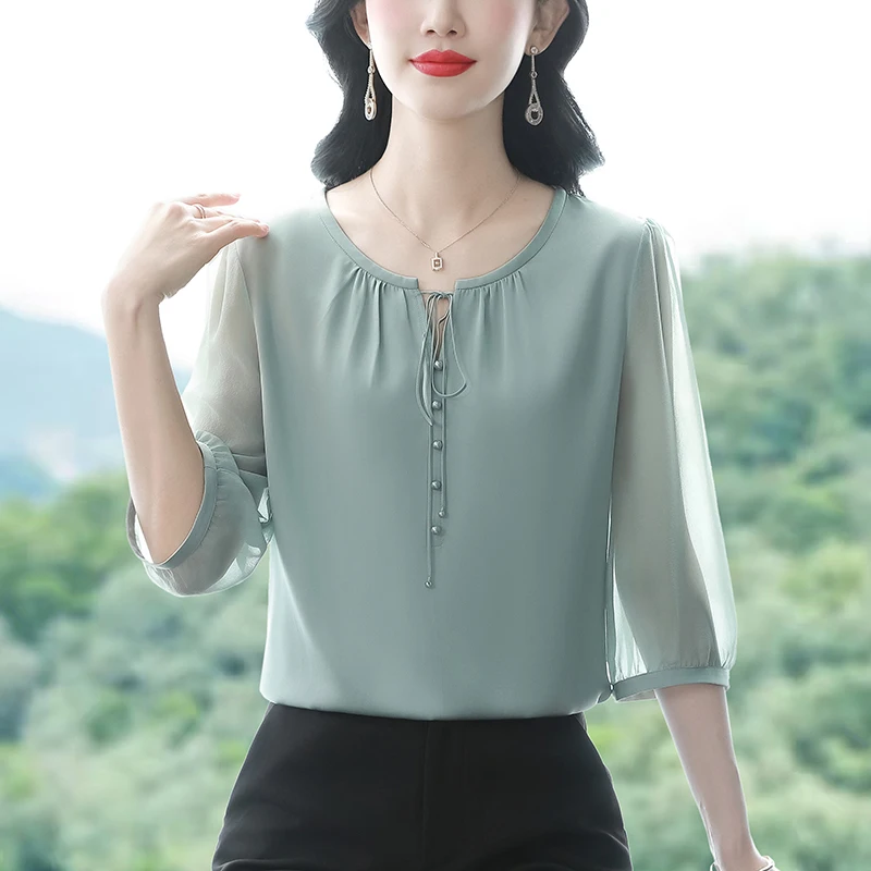 2025 Summer Clothes 3/4 Sleeve Silk Chiffon Blouse Elegant Fashion Office Lady Shirt Lace-up Casual Women Tops
2025 Summer Clothes 3/4 Sleeve Silk Chiffon Blouse Elegant Fashion Office Lady Shirt Lace-up Casual Women Tops