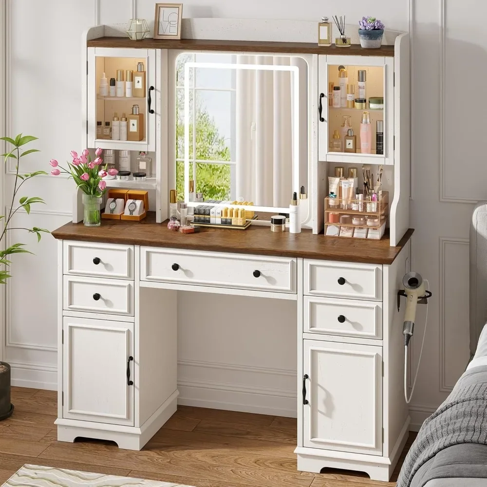 Farmhouse Vanity Desk with LED Lighted Mirror, Makeup Vanity Table with RGB Cabinets and Lots Storage, 5 Drawers and 6 Storage
Farmhouse Vanity Desk with LED Lighted Mirror, Makeup Vanity Table with RGB Cabinets and Lots Storage, 5 Drawers and 6 Storage