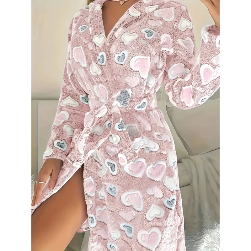 Cozy Fleece-Lined Women's Robe with Heart Pattern Long Sleeves Pockets Warm Autumn/Winter Home Loungewear Cozy Robes
Cozy Fleece-Lined Women's Robe with Heart Pattern Long Sleeves Pockets Warm Autumn/Winter Home Loungewear Cozy Robes