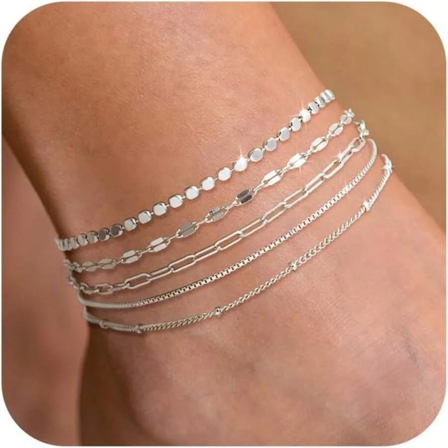 Dainty Silver Ankle Bracelets Set For Women, Waterproof Layered Design
Dainty Silver Ankle Bracelets Set For Women, Waterproof Layered Design