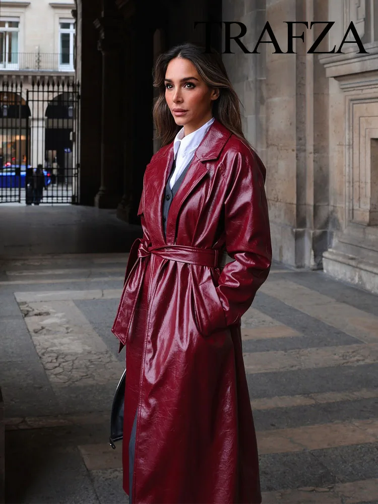 TRAFZA Elegant Women Belt Single Breasted Faux Leather Coat Woman Autumn Long Sleeve Lapel Pocket Slim Vintage Long Outerwears
TRAFZA Elegant Women Belt Single Breasted Faux Leather Coat Woman Autumn Long Sleeve Lapel Pocket Slim Vintage Long Outerwears