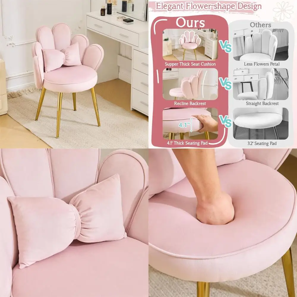 Pink Velvet Makeup Vanity Chair with Adjustable Gold Legs and Bow Pillow for Home Office or Bedroom
Pink Velvet Makeup Vanity Chair with Adjustable Gold Legs and Bow Pillow for Home Office or Bedroom