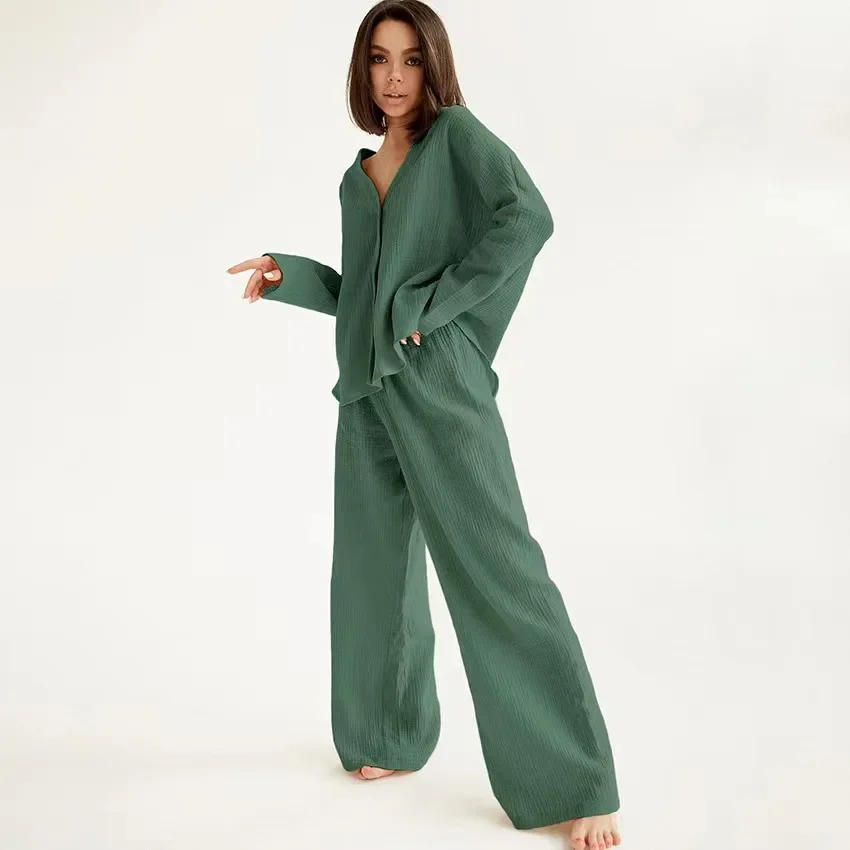 European and American women's clothing 2025 new 100% cotton double-layer Zou yarn casual loose shirt + trousers loungewear
European and American women's clothing 2025 new 100% cotton double-layer Zou yarn casual loose shirt + trousers loungewear