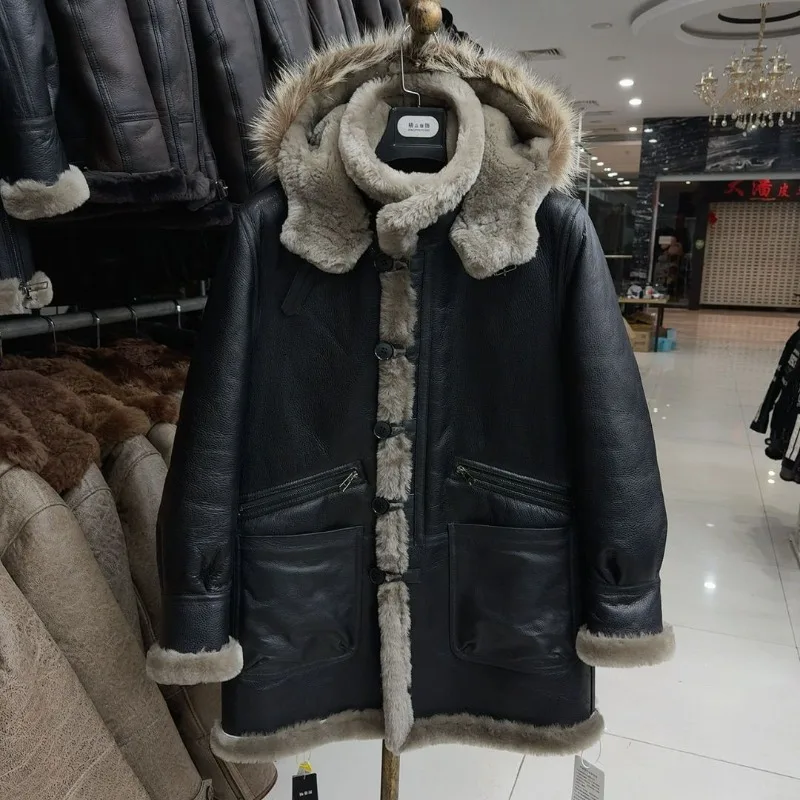 Мужское пальто средней длины с утолщенным капюшоном из натурального экологического меха из овчины и шерсти, теплая меховая куртка из натуральной кожи, высокая мода 
Мужское пальто средней длины с утолщенным капюшоном из натурального экологического меха из овчины и шерсти, теплая меховая куртка из натуральной кожи, высокая мода