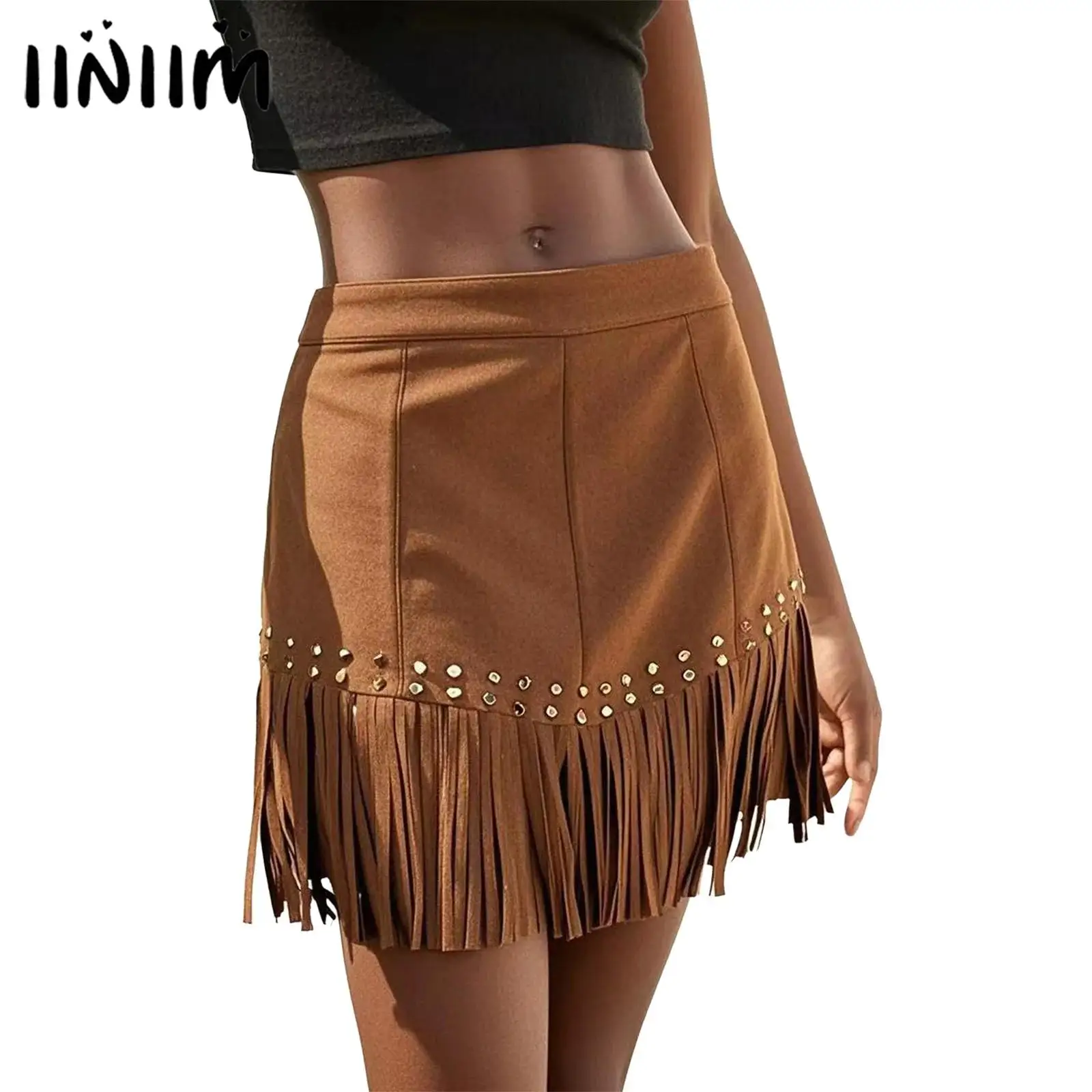 Womens Cowgirl Suede Fringe Mini Skirt Hippie Themed Party Costume Gold Stud Embellishments Tassel Hem Faux Suede Midi Skirt
Womens Cowgirl Suede Fringe Mini Skirt Hippie Themed Party Costume Gold Stud Embellishments Tassel Hem Faux Suede Midi Skirt