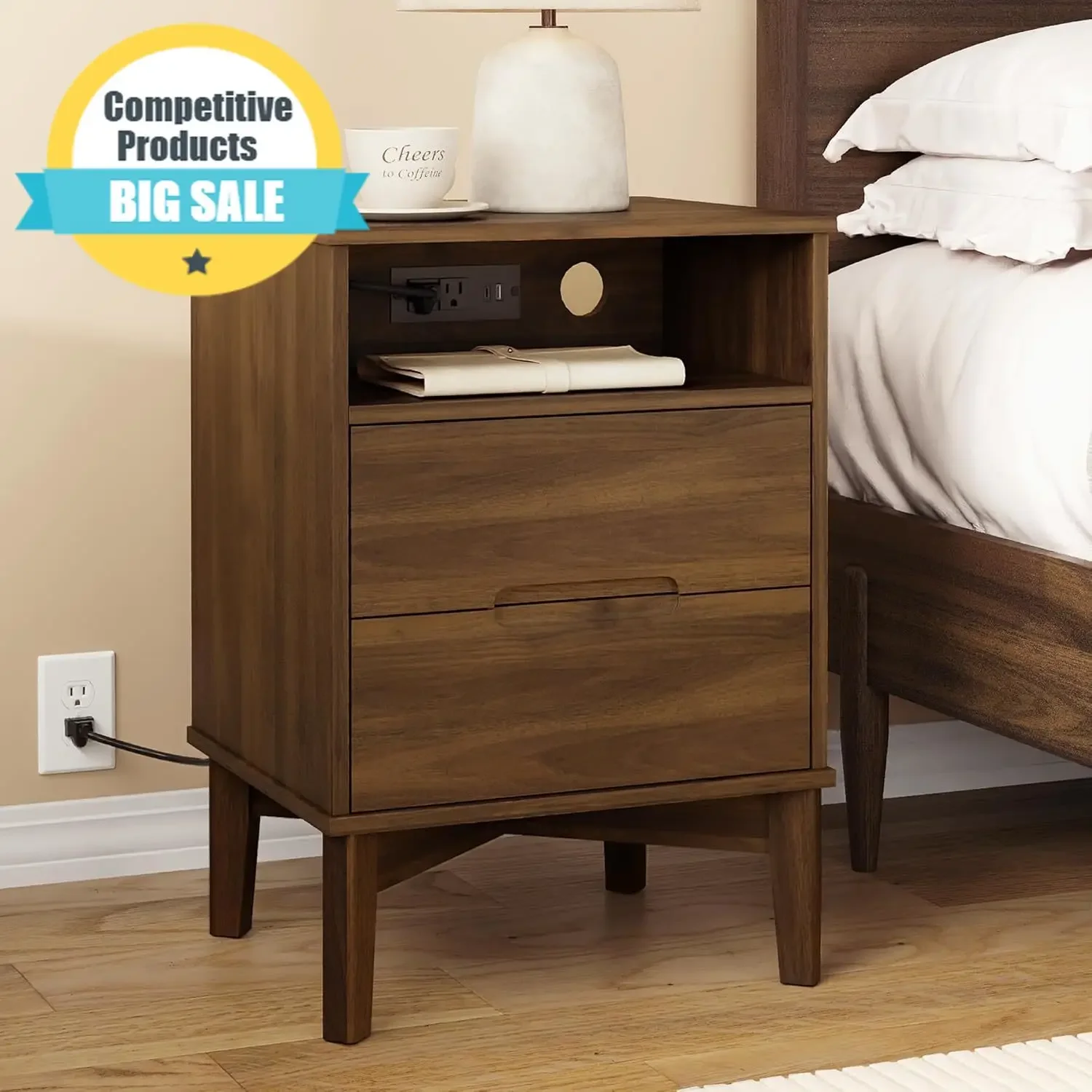 26" Tall Wood Nightstand with Charging Station & USB-C, Mid Century Modern Bedside Table with Solid Wood Legs, Walnut Finish wit
26" Tall Wood Nightstand with Charging Station & USB-C, Mid Century Modern Bedside Table with Solid Wood Legs, Walnut Finish wit