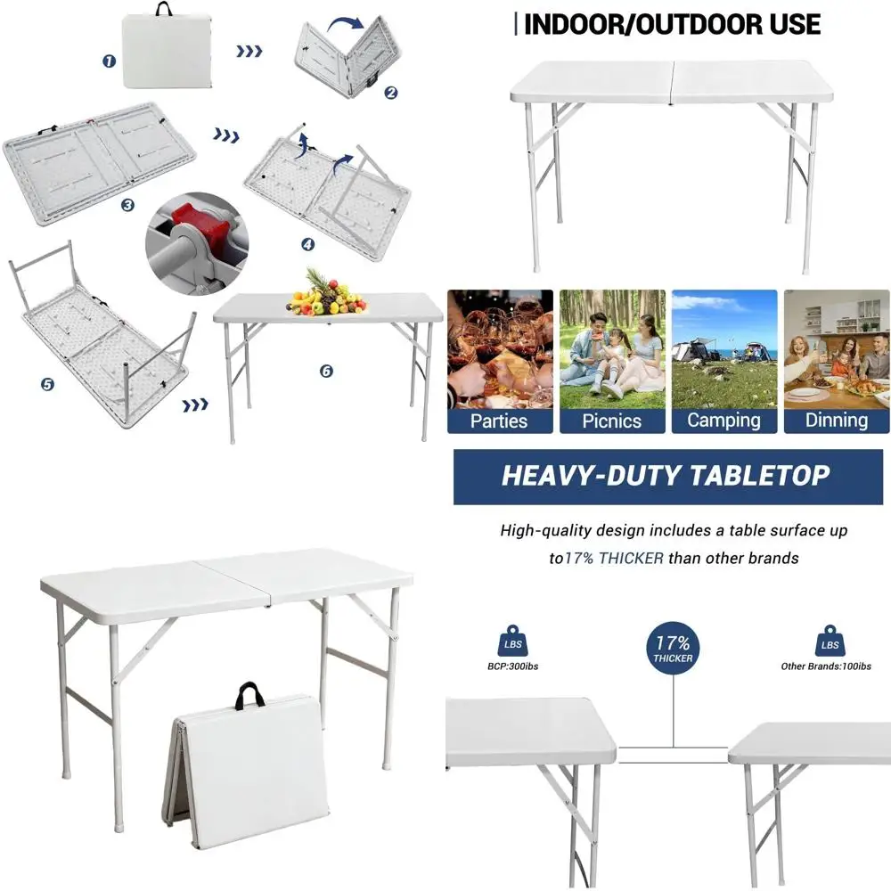 Портативный складной прямоугольный стол белого цвета (4 фута) с ручкой для переноски, для использования в помещении, на улице, для кемпинга, пикников и вечеринок
Портативный складной прямоугольный стол белого цвета (4 фута) с ручкой для переноски, для использования в помещении, на улице, для кемпинга, пикников и вечеринок