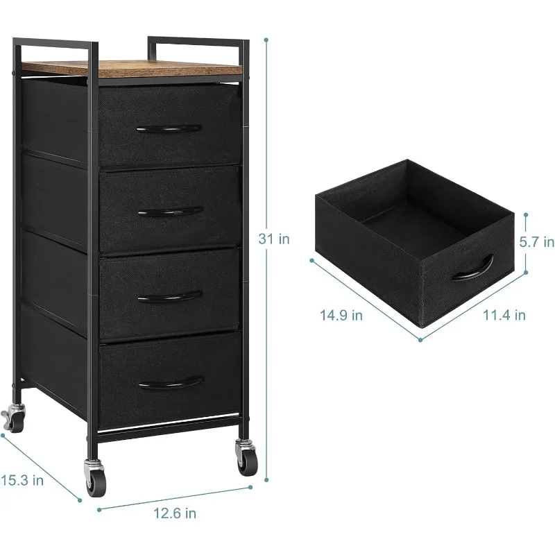 Narrow Bedroom Bedside Table with Wheels, Industrial Vertical Locker - Vertical Dresser with 4 Cloth Drawers with Wooden Roof for Bedroom, Living Room, Sofa, Black
Narrow Bedroom Bedside Table with Wheels, Industrial Vertical Locker - Vertical Dresser with 4 Cloth Drawers with Wooden Roof for Bedroom, Living Room, Sofa, Black