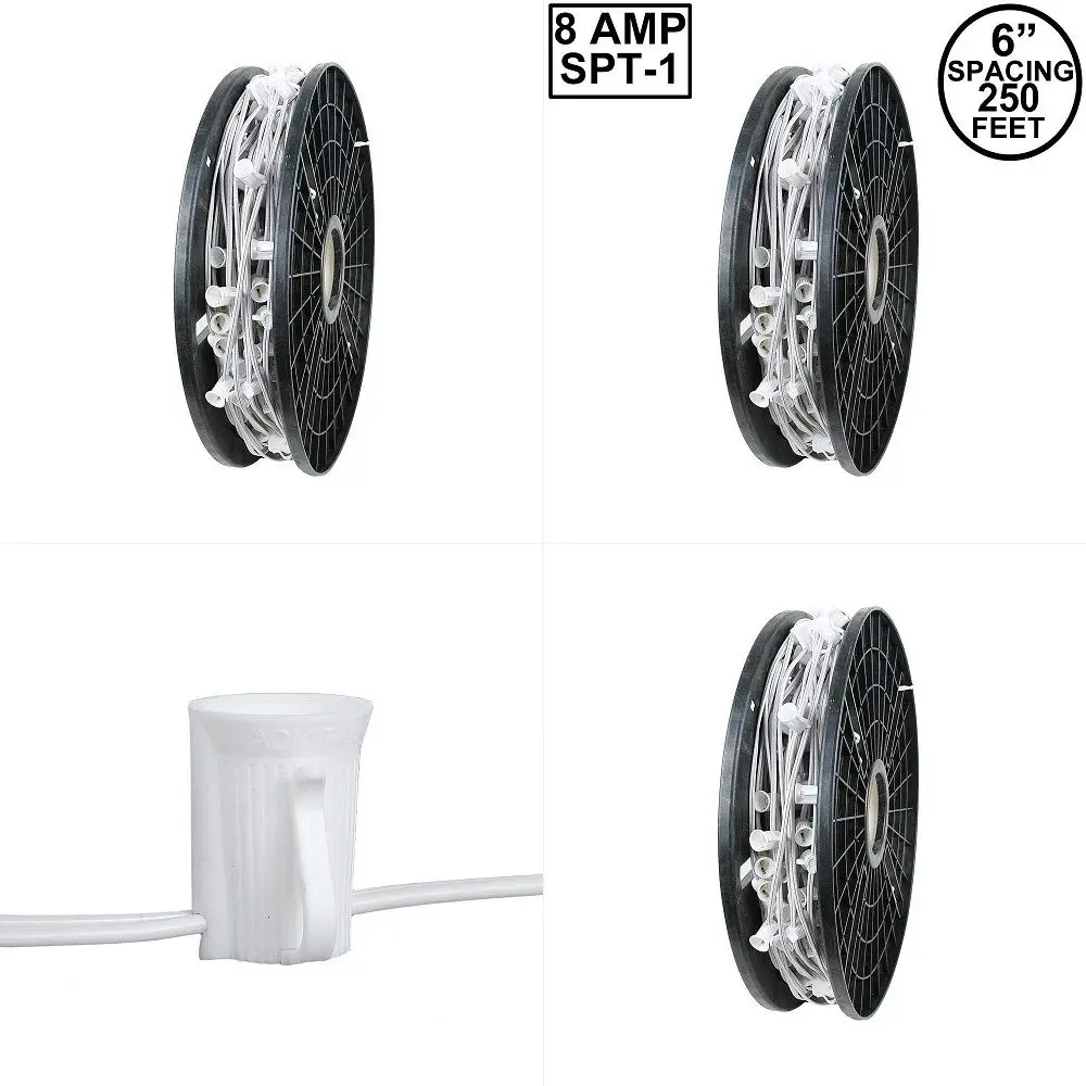 250 Feet C9 E17 Socketed Light Spool, 6 Inch Spacing White Wire Bulk Reel, 8 Amp SPT1 Wire, Commercial Grade, Indoor Outdoor Al
250 Feet C9 E17 Socketed Light Spool, 6 Inch Spacing White Wire Bulk Reel, 8 Amp SPT1 Wire, Commercial Grade, Indoor Outdoor Al