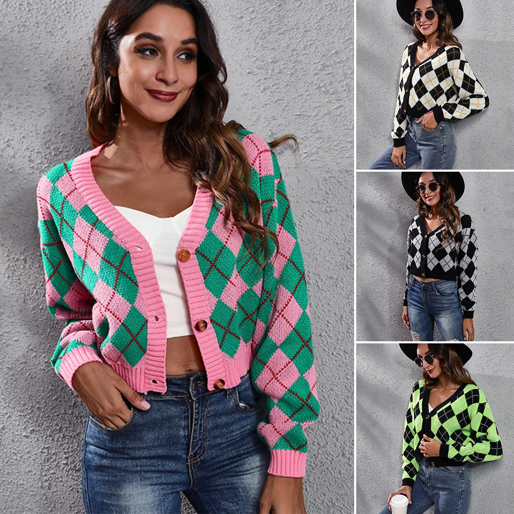 Color matching diamond jacquard knit cardigan coat short sweater women loose European and American women's dress
Color matching diamond jacquard knit cardigan coat short sweater women loose European and American women's dress