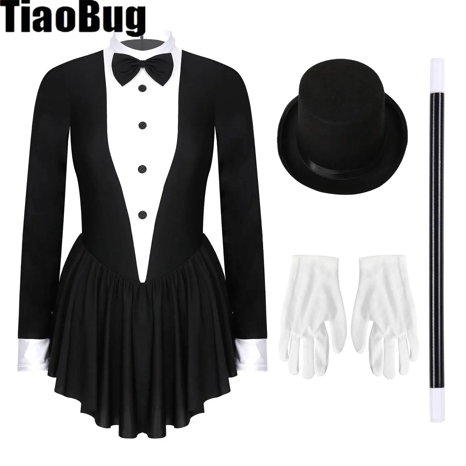 Womens Magician Halloween Costume Circus Ringmaster Contrast Color Bowknot Ruffle Tuxedo Dress with Magic Wand Hat Gloves
Womens Magician Halloween Costume Circus Ringmaster Contrast Color Bowknot Ruffle Tuxedo Dress with Magic Wand Hat Gloves