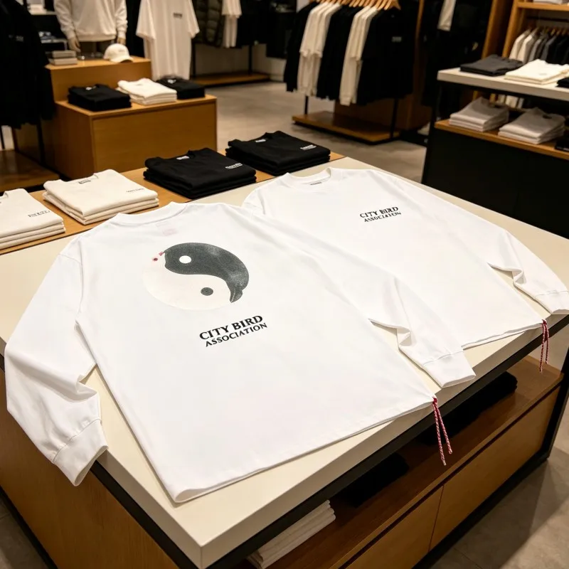 Breathable Cotton Black White Dolphin Circular Print Beams Long Sleeve Tshirts Red Logo Woven Rope Tops Men Women Streetwear
Breathable Cotton Black White Dolphin Circular Print Beams Long Sleeve Tshirts Red Logo Woven Rope Tops Men Women Streetwear