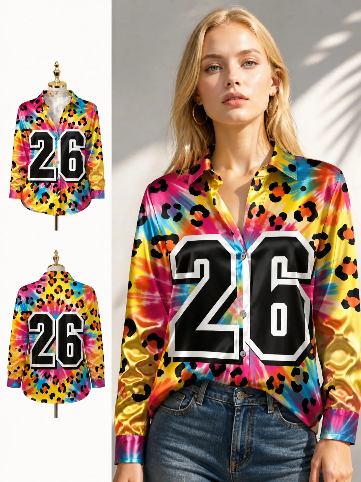 Rainbow Number 26 Satin Button Shirt for Women Tie Dye Leopard Print Long Sleeve Blouse Bold Sport Casual Fashion Top
Rainbow Number 26 Satin Button Shirt for Women Tie Dye Leopard Print Long Sleeve Blouse Bold Sport Casual Fashion Top