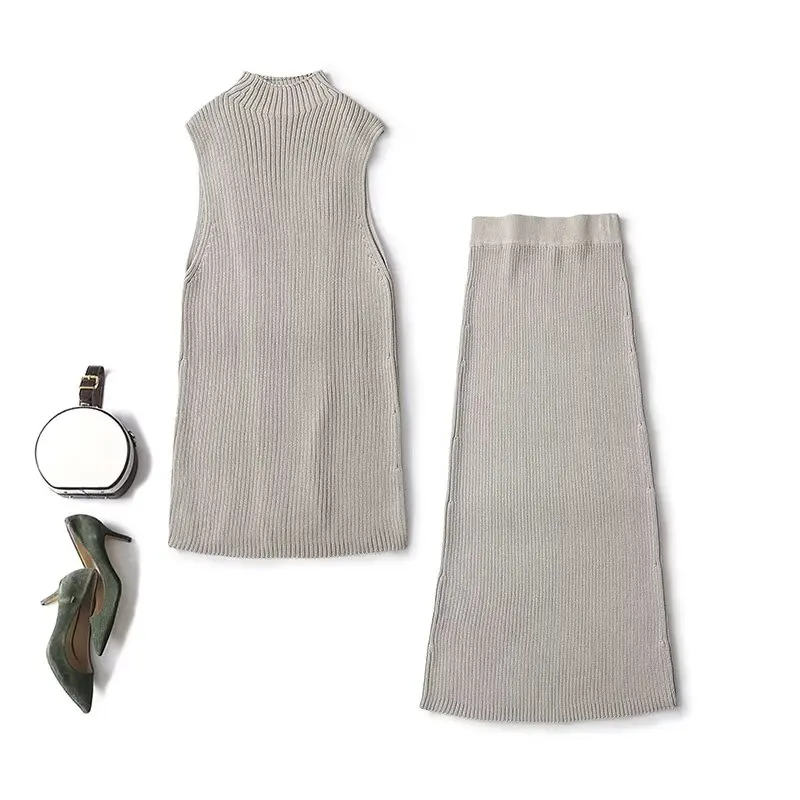 Women 2024 Spring New Fashion Rib Knitted Vest Chic Round Neck Back Split Top Elastic Waist Straight Skirt suit Mujer 
Women 2024 Spring New Fashion Rib Knitted Vest Chic Round Neck Back Split Top Elastic Waist Straight Skirt suit Mujer