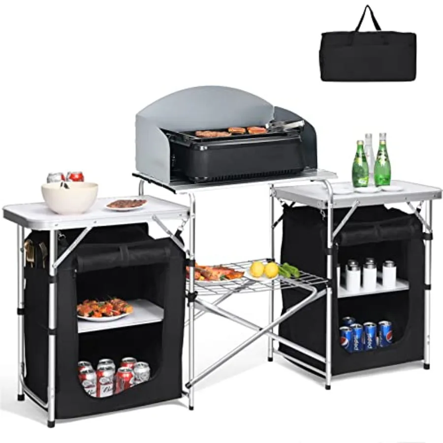 Portable Camping Kitchen Station with 26'' Black Folding Grill Table 2 Side Tables Storage Organizer Detachable Windscreen for
Portable Camping Kitchen Station with 26'' Black Folding Grill Table 2 Side Tables Storage Organizer Detachable Windscreen for